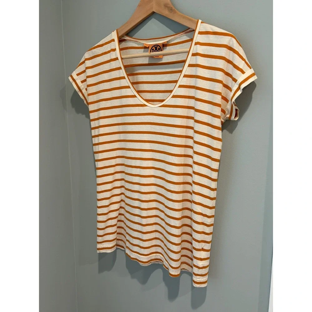 Tory Burch Orange Cream Striped Pima Cotton V-Neck T-Shirt XS‎ Short Sleeve Top